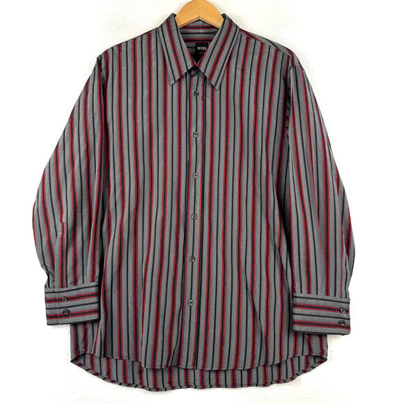 Hugo Boss Mens XL Slim Fit Red Black Gray Striped Casual Dress Shirt Long Sleeve - Picture 1 of 11